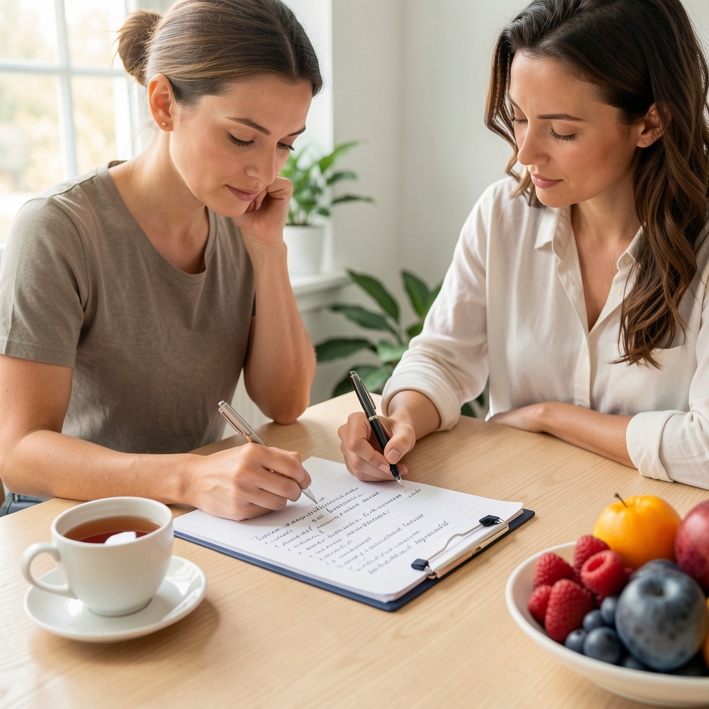 Nutrition consultant reviewing handwritten food intake notes at a light wooden desk with a cup of tea and seasonal fruit nearby