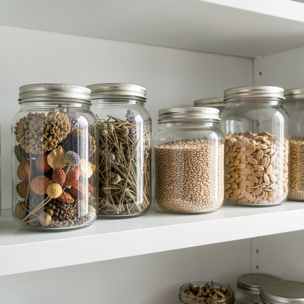 Glass jars containing dried botanicals, seeds and whole grains arranged on a white shelf in a clean, well-lit storage area
