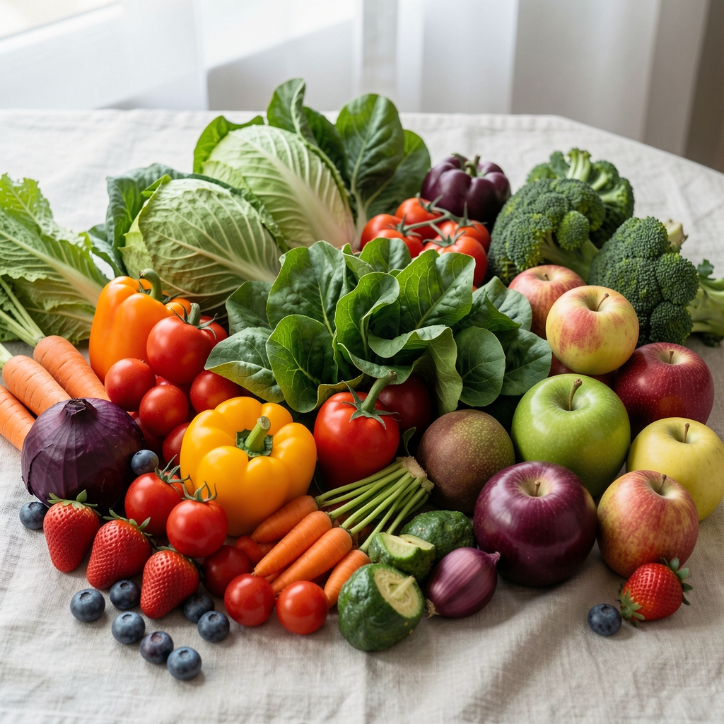 Colourful spread of fresh seasonal vegetables, leafy greens and whole fruits arranged on a linen cloth in natural light