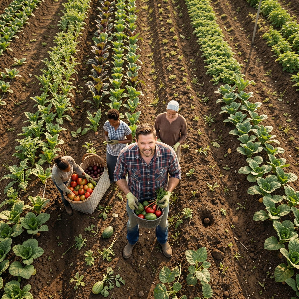 Overhead view of a diverse farmer's market vegetable display with root vegetables, greens and legumes on a wooden table