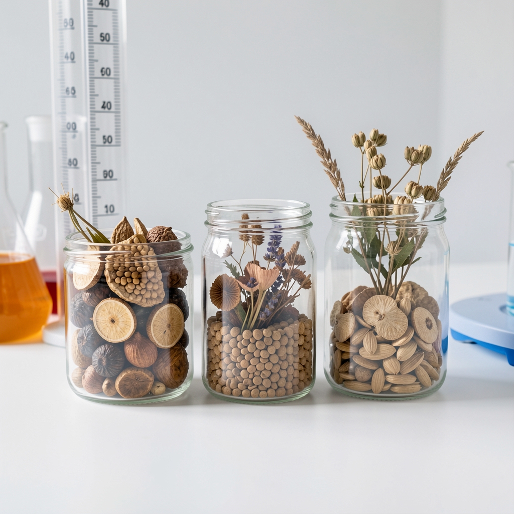 Glass containers with dry botanicals and seeds arranged on a clean white lab bench with a measurement scale in the background