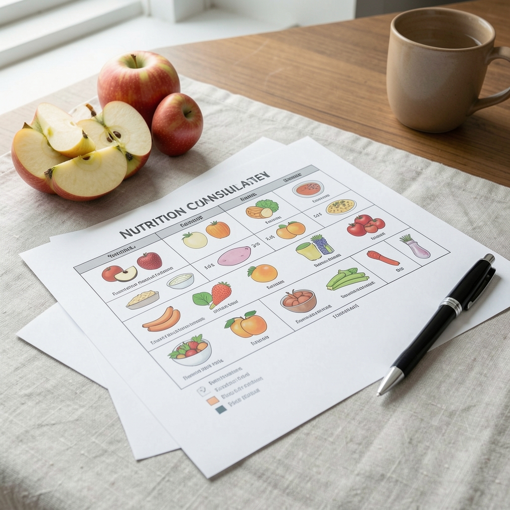 Nutrition consultation desk with printed food-intake charts, fresh apple slices, and a pen on a light linen surface