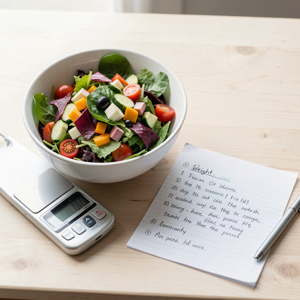 Scales, a bowl of colourful mixed salad and handwritten weight-tracking notes on a pale wooden surface with natural light